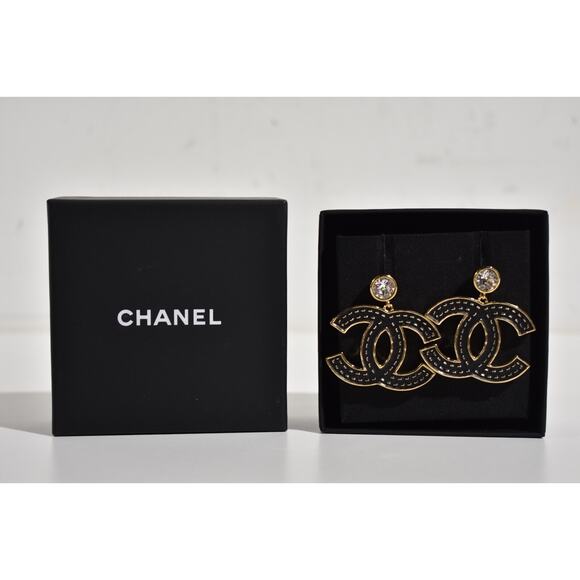 Chanel 23S XL Gold Black Crystal Clip On CC Logo Dangle Drop Statement Earrings - Picture 2 of 12